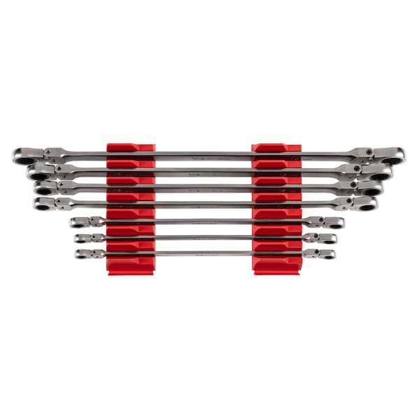 Long Flex Head 12-Point Ratcheting Box End Wrench Set w/ Modular Wrench Organizer, 7-Piece (6-19 mm)